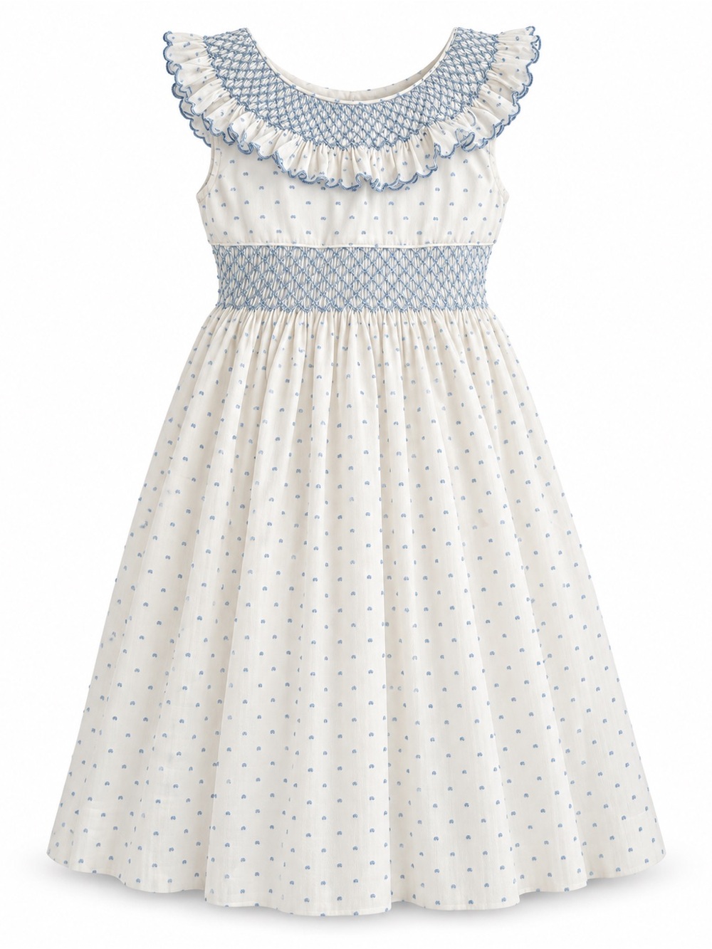 NWT - Edgehill Collection White Dress with Light Blue Smocking and Ruffle